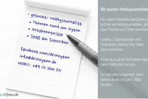 Wir suchen Hobbyjournalisten, egal ob jung oder alt, für unsere Website deinOyten.de. Die Themen drehen sich rund um Oyten.