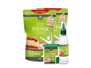Stevia Probierpaket: 2x Kristalline Streusüße 300g, 1x Flüssigtafelsüße 125ml, 1x Süßstofftabletten